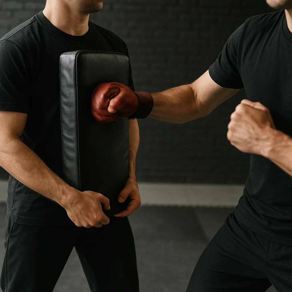 Treino de Krav Maga no tatame: um aluno acerta um soco no aparador que o parceiro segura.